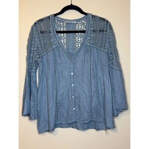 Love‎ Stitc Blue Crochet Lace Bell Sleeve Boho Blouse Top Women's Size S